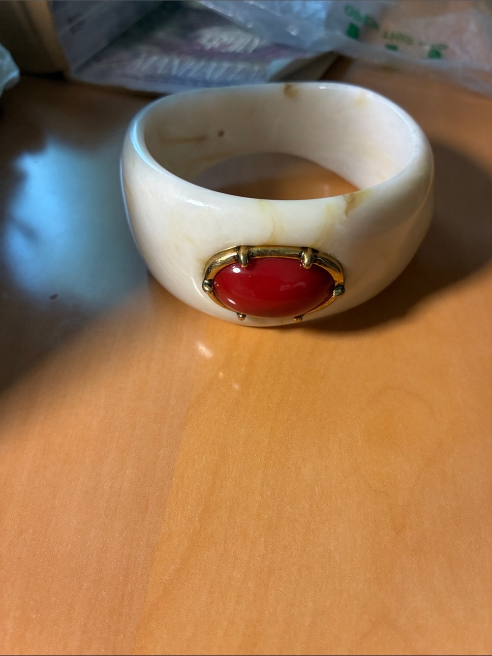 Zara Cream Resin Bangle with Red Cabochon and Gold-Tone Accent